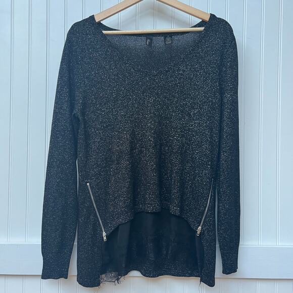 BKE Top Black Shimmer Whimsigoth Glam Women's Size M Long Sleeve Zipper Detail - Picture 2 of 9